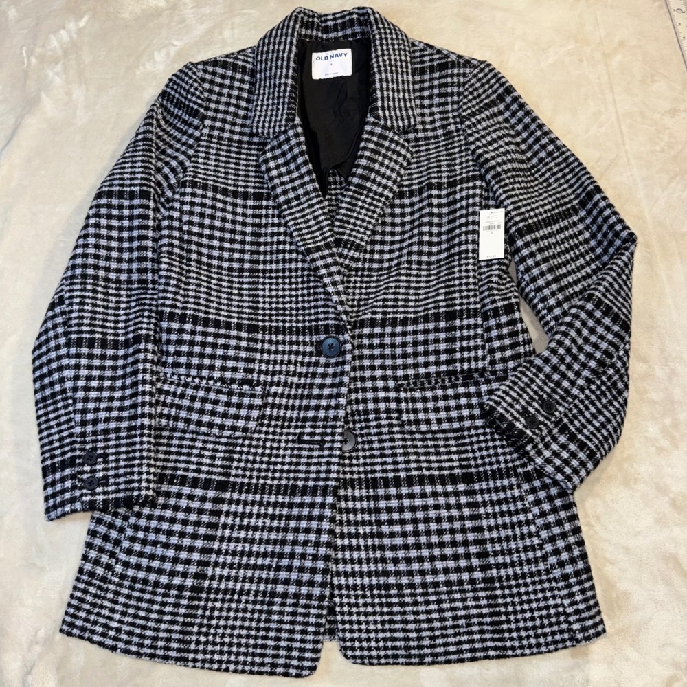 Old Navy Womens Black Blue Houndstooth Wool Blend Oversized Blazer Jacket S NEW